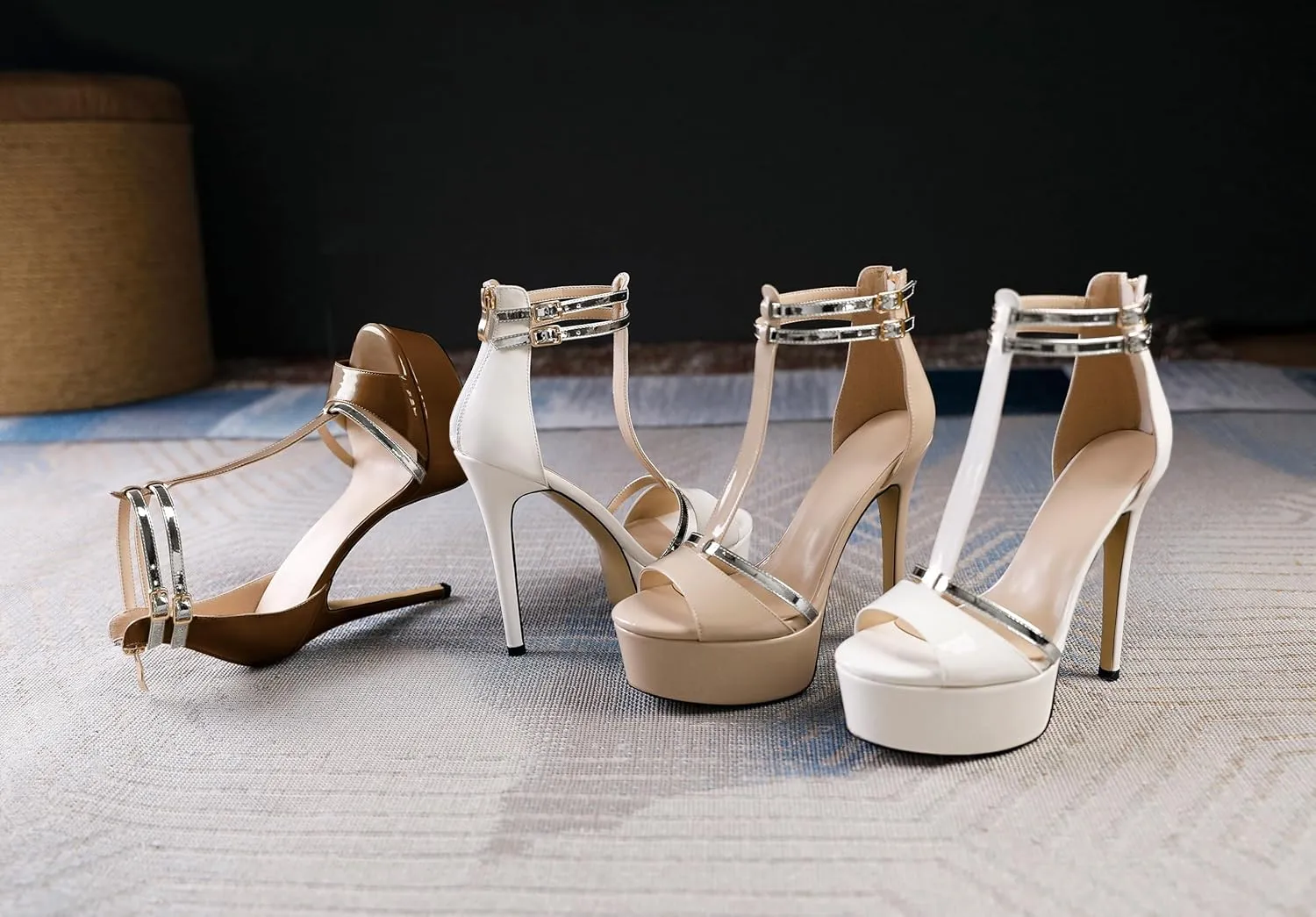 AUMOTED Women High Heels Stiletto Sandals Open Peep Toe Platform Heels T-Strap Heeled Sandals with Zipper Silver Double Ankle Strap 5.5 Inch Summer Fashion Sandals
