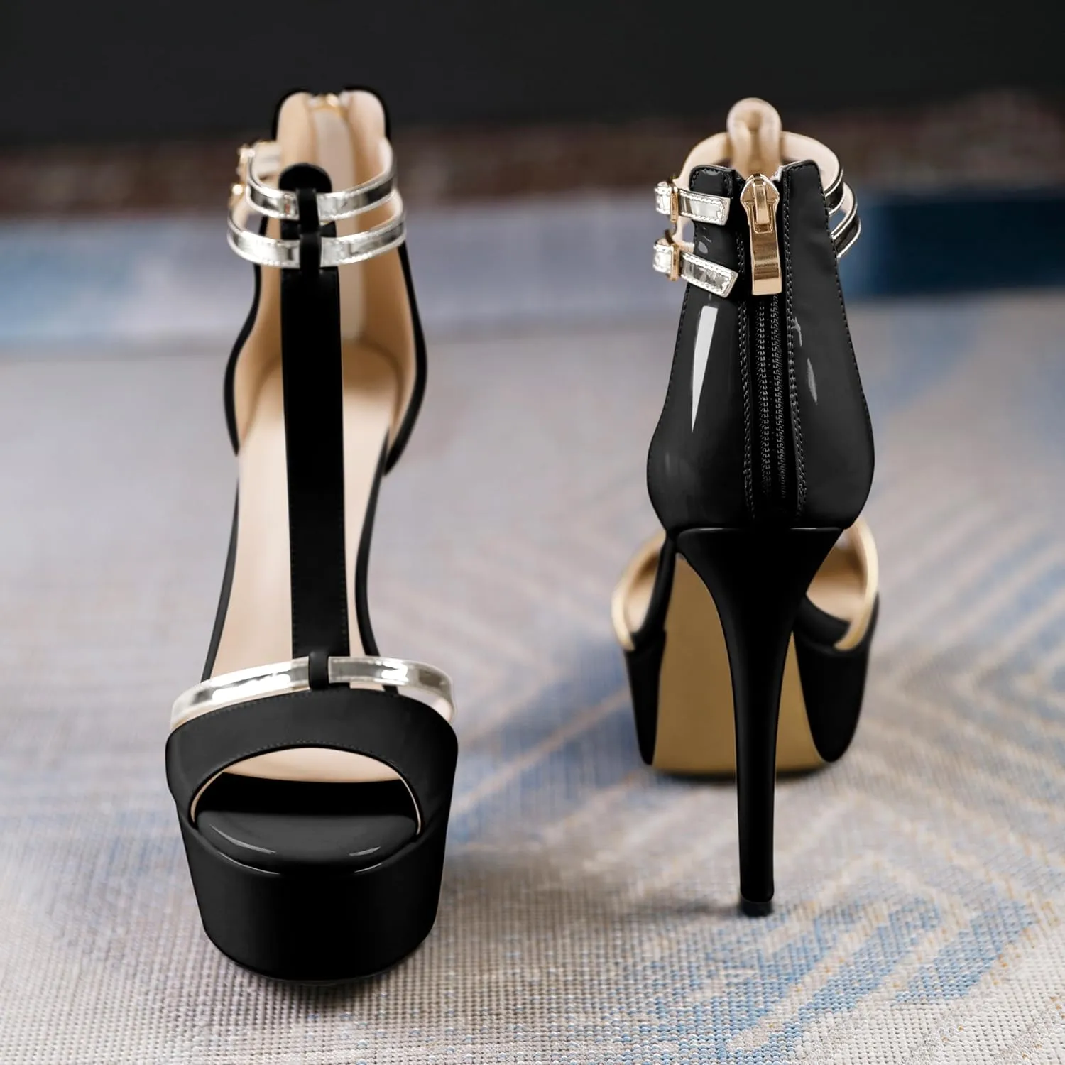 AUMOTED Women High Heels Stiletto Sandals Open Peep Toe Platform Heels T-Strap Heeled Sandals with Zipper Silver Double Ankle Strap 5.5 Inch Summer Fashion Sandals