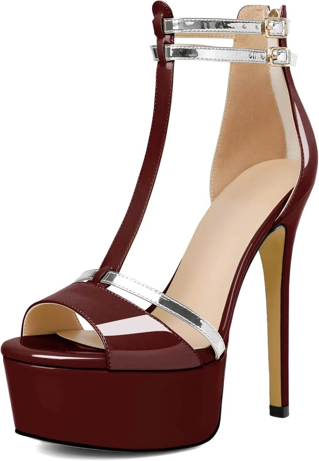 AUMOTED Women High Heels Stiletto Sandals Open Peep Toe Platform Heels T-Strap Heeled Sandals with Zipper Silver Double Ankle Strap 5.5 Inch Summer Fashion Sandals