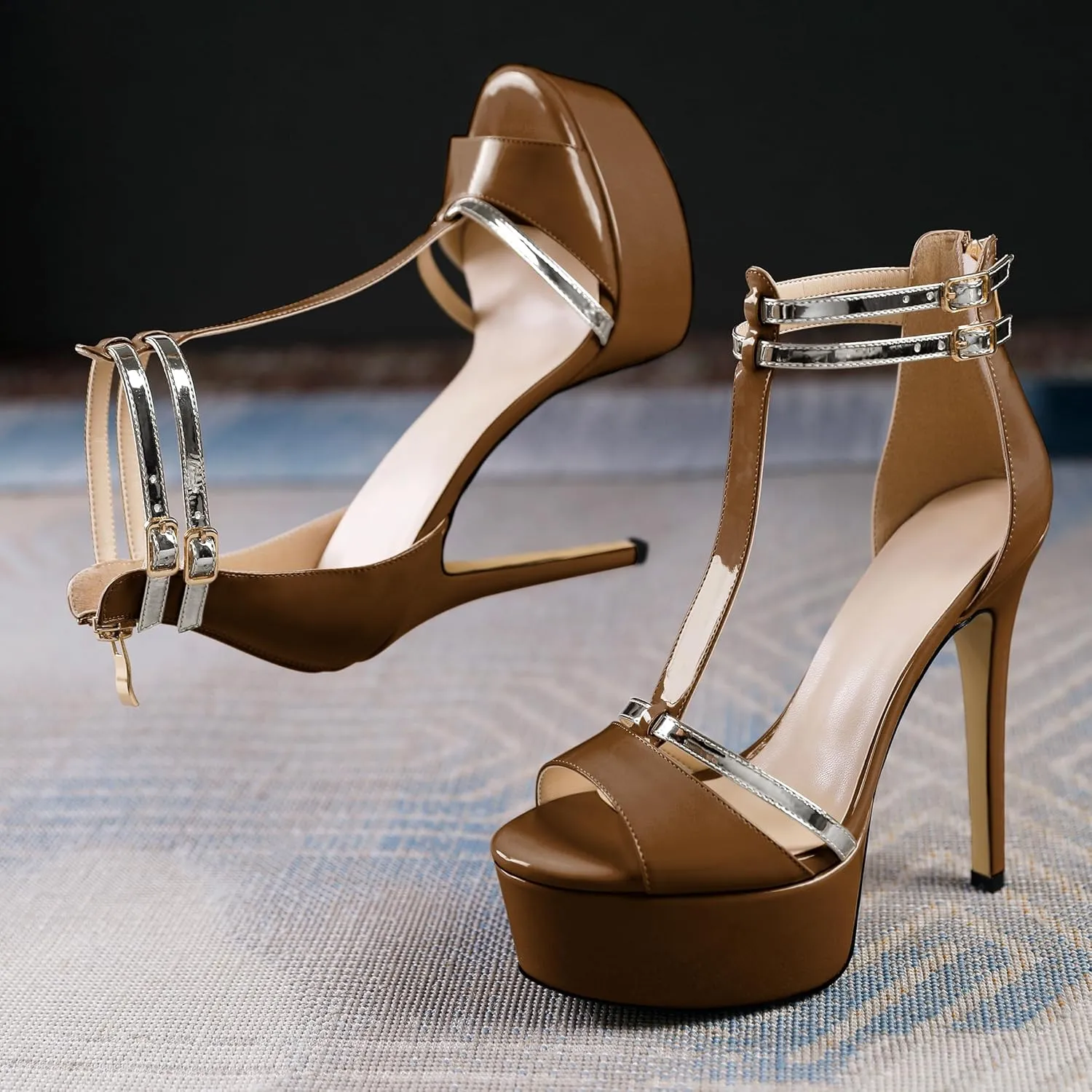 AUMOTED Women High Heels Stiletto Sandals Open Peep Toe Platform Heels T-Strap Heeled Sandals with Zipper Silver Double Ankle Strap 5.5 Inch Summer Fashion Sandals