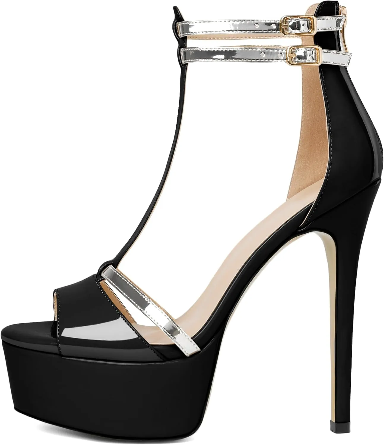 AUMOTED Women High Heels Stiletto Sandals Open Peep Toe Platform Heels T-Strap Heeled Sandals with Zipper Silver Double Ankle Strap 5.5 Inch Summer Fashion Sandals