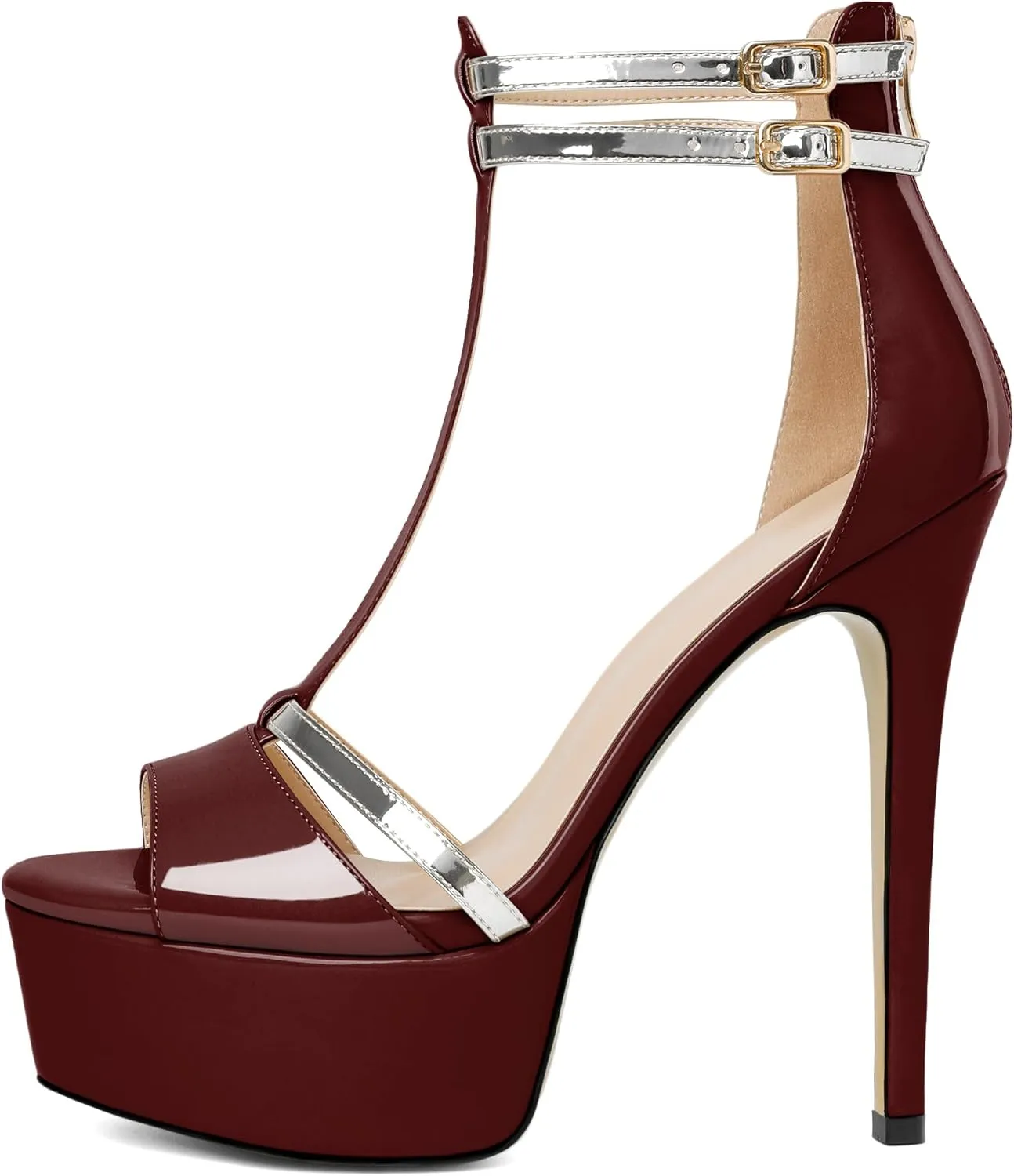 AUMOTED Women High Heels Stiletto Sandals Open Peep Toe Platform Heels T-Strap Heeled Sandals with Zipper Silver Double Ankle Strap 5.5 Inch Summer Fashion Sandals