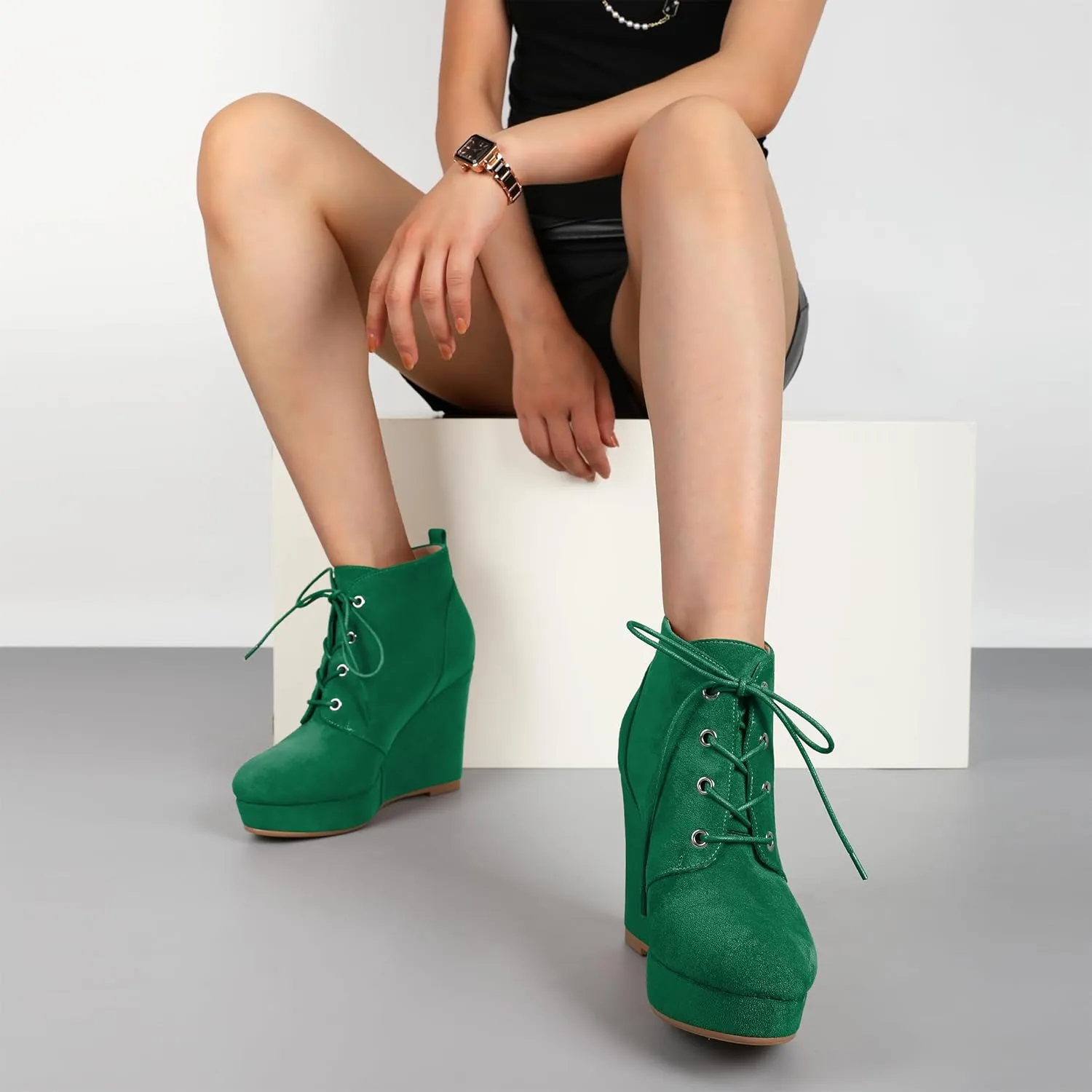 AUMOTED Women's Ankle Boots Wedge Platform Bootie Round Toe Lace up Wedge Heels Boots 4 Inch Warm Boots for Party Evening Shoes