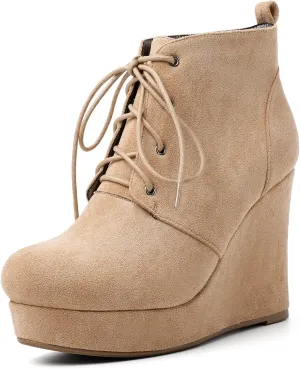 AUMOTED Women's Ankle Boots Wedge Platform Bootie Round Toe Lace up Wedge Heels Boots 4 Inch Warm Boots for Party Evening Shoes
