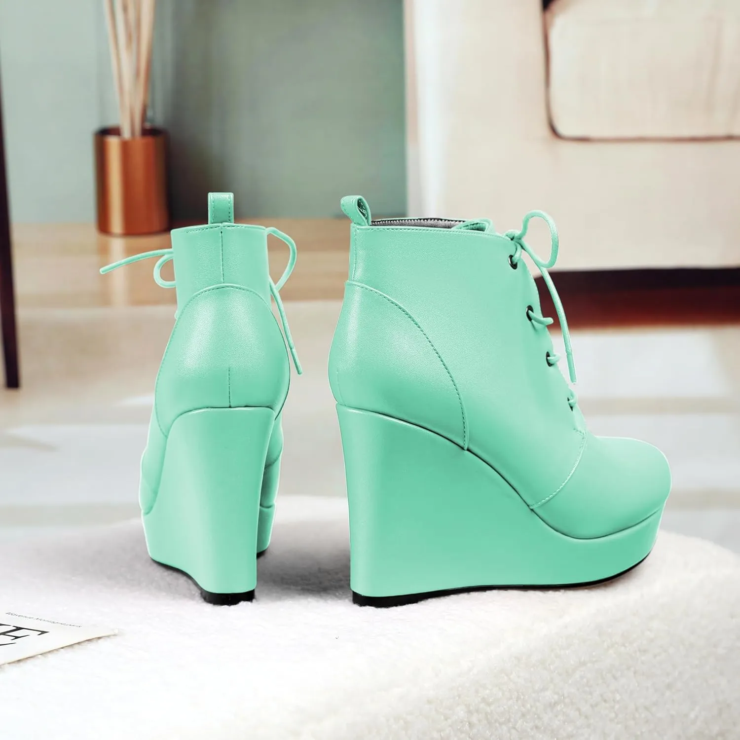 AUMOTED Women's Ankle Boots Wedge Platform Bootie Round Toe Lace up Wedge Heels Boots 4 Inch Warm Boots for Party Evening Shoes