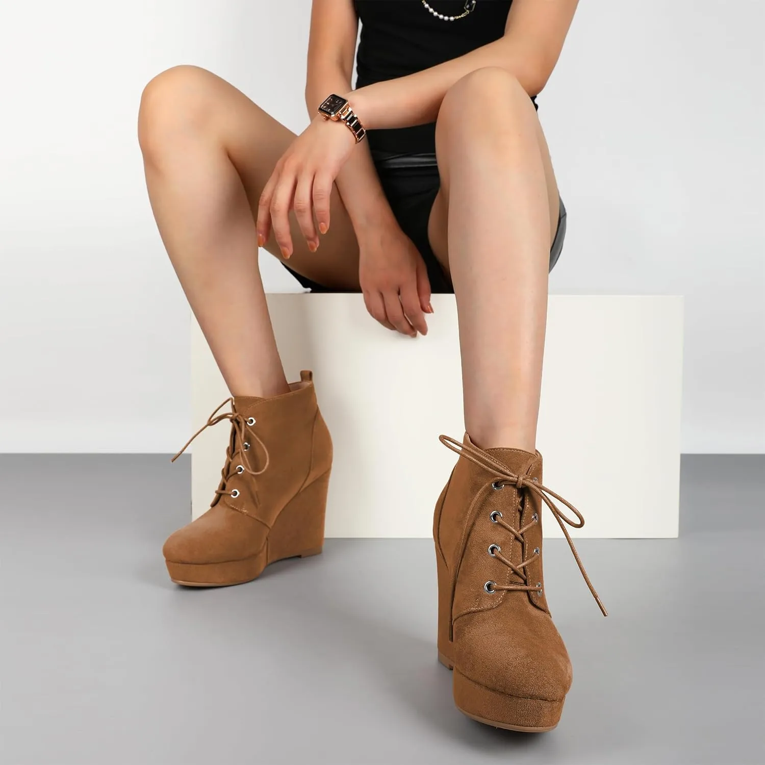 AUMOTED Women's Ankle Boots Wedge Platform Bootie Round Toe Lace up Wedge Heels Boots 4 Inch Warm Boots for Party Evening Shoes