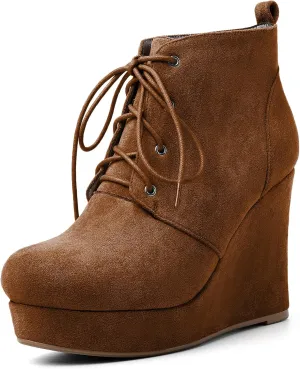 AUMOTED Women's Ankle Boots Wedge Platform Bootie Round Toe Lace up Wedge Heels Boots 4 Inch Warm Boots for Party Evening Shoes
