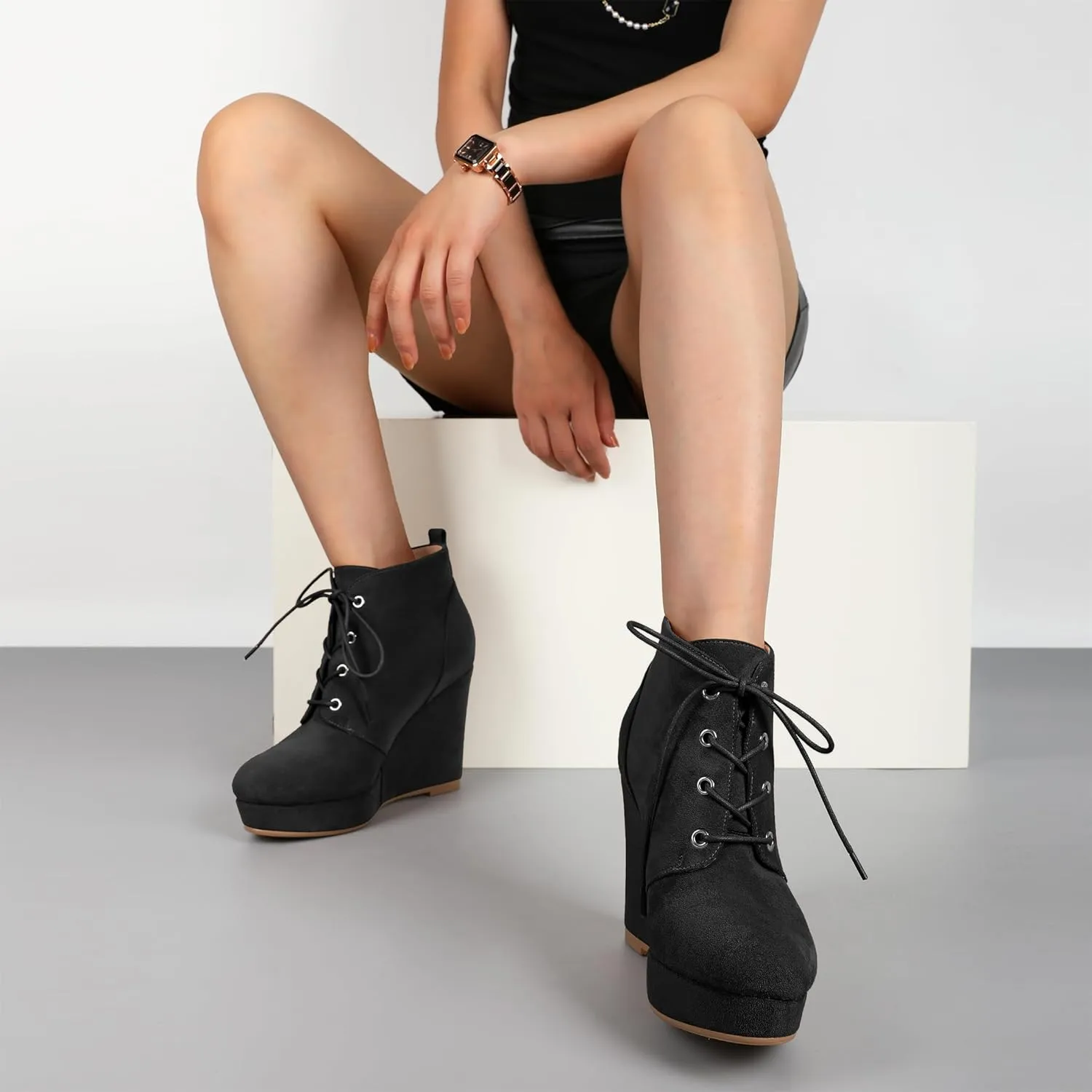 AUMOTED Women's Ankle Boots Wedge Platform Bootie Round Toe Lace up Wedge Heels Boots 4 Inch Warm Boots for Party Evening Shoes