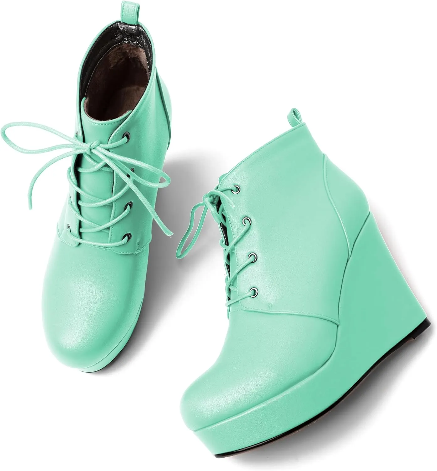 AUMOTED Women's Ankle Boots Wedge Platform Bootie Round Toe Lace up Wedge Heels Boots 4 Inch Warm Boots for Party Evening Shoes