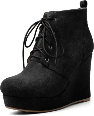 AUMOTED Women's Ankle Boots Wedge Platform Bootie Round Toe Lace up Wedge Heels Boots 4 Inch Warm Boots for Party Evening Shoes