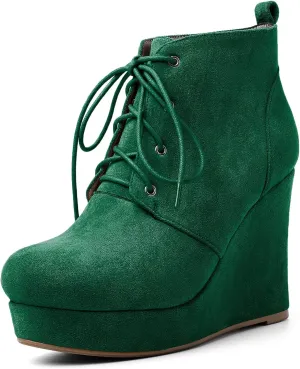 AUMOTED Women's Ankle Boots Wedge Platform Bootie Round Toe Lace up Wedge Heels Boots 4 Inch Warm Boots for Party Evening Shoes