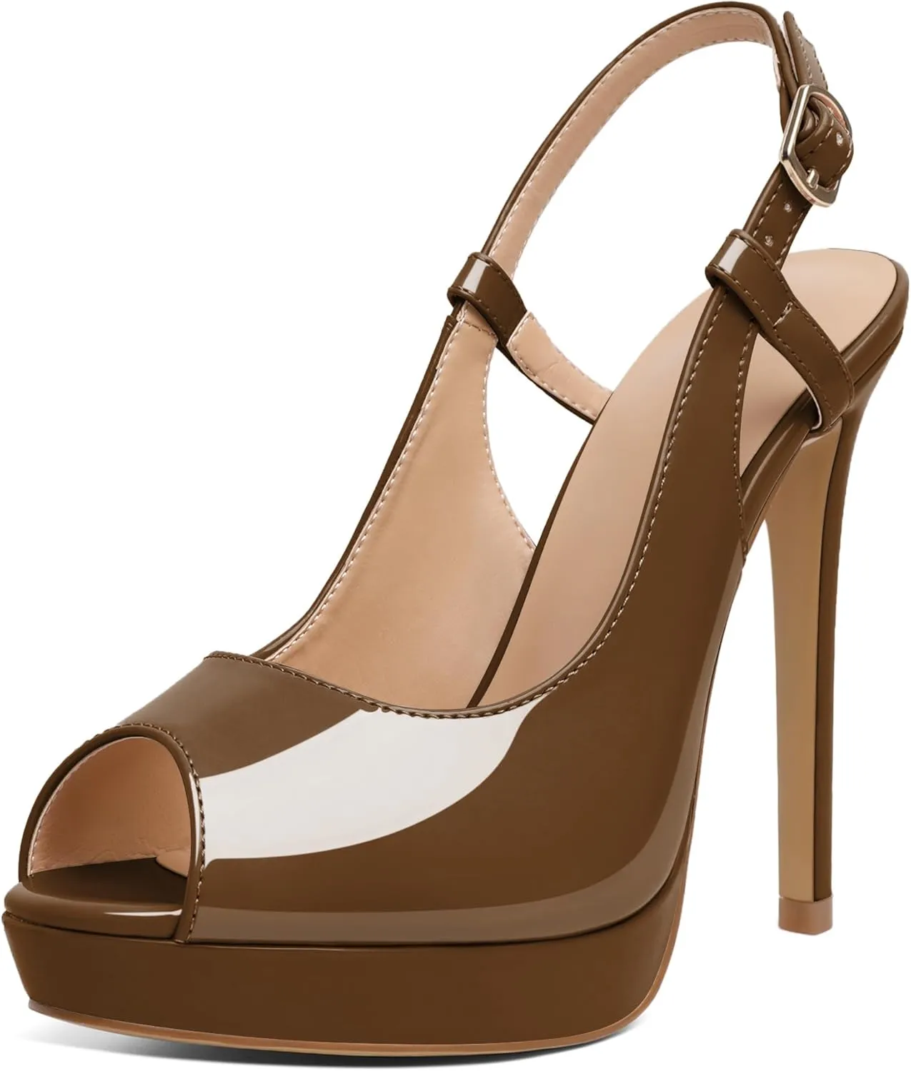 AUMOTED Women's High Heel Slingback Pumps Stilettos High Heels Patent Slingback Pumps Solid Peep Toe Platform Stilettos Pumps Dating Party Dress Shoes 4.7 Inch