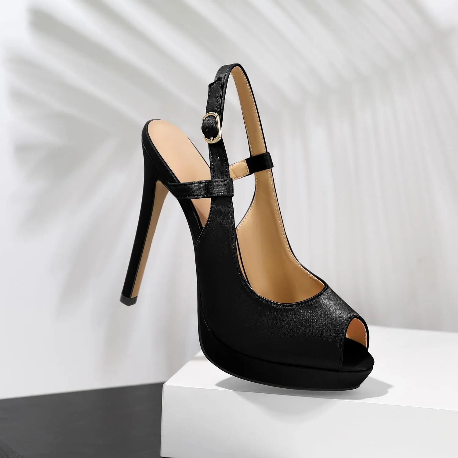 AUMOTED Women's High Heel Slingback Pumps Stilettos High Heels Patent Slingback Pumps Solid Peep Toe Platform Stilettos Pumps Dating Party Dress Shoes 4.7 Inch