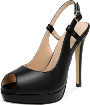 AUMOTED Women's High Heel Slingback Pumps Stilettos High Heels Patent Slingback Pumps Solid Peep Toe Platform Stilettos Pumps Dating Party Dress Shoes 4.7 Inch