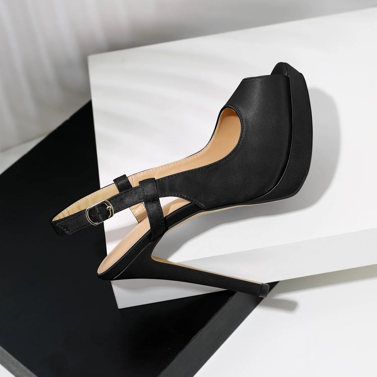 AUMOTED Women's High Heel Slingback Pumps Stilettos High Heels Patent Slingback Pumps Solid Peep Toe Platform Stilettos Pumps Dating Party Dress Shoes 4.7 Inch