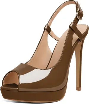 AUMOTED Women's High Heel Slingback Pumps Stilettos High Heels Patent Slingback Pumps Solid Peep Toe Platform Stilettos Pumps Dating Party Dress Shoes 4.7 Inch