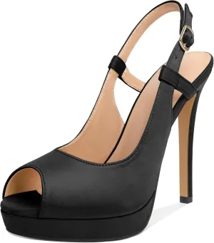 AUMOTED Women's High Heel Slingback Pumps Stilettos High Heels Patent Slingback Pumps Solid Peep Toe Platform Stilettos Pumps Dating Party Dress Shoes 4.7 Inch