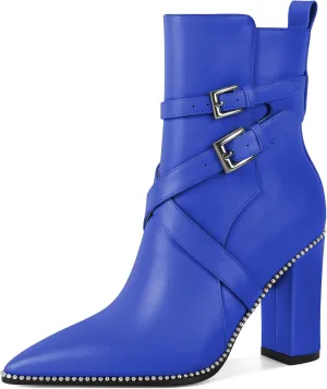 AUMOTED Womens Pointed Toe Beaded Chunky Ankle Boots Side Zipper 3.5 Inches High Heel Western Boots