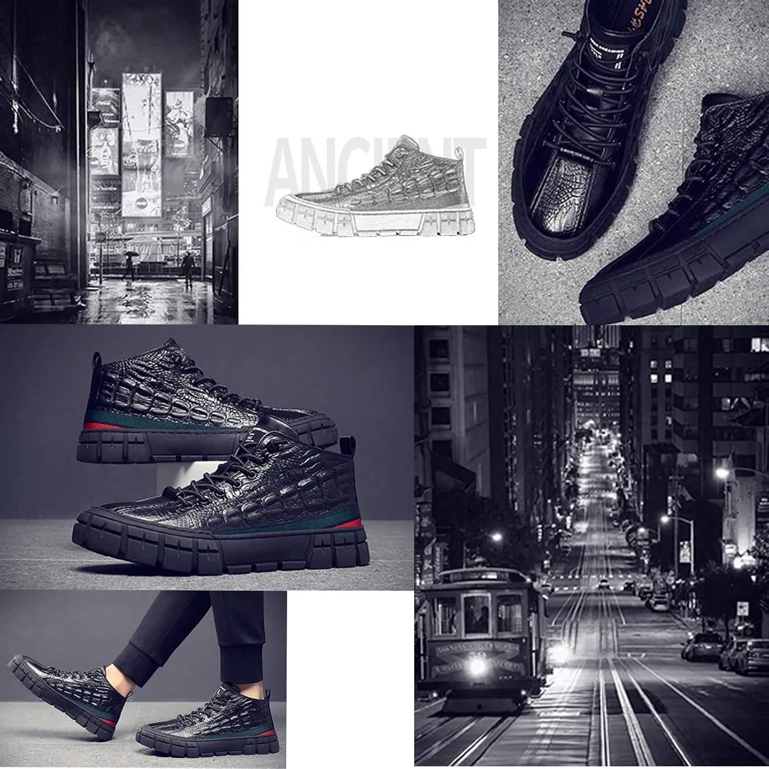 AUNTHUI Men's Leather Pattern Casual High-Top Leather Boots,Fashion Non-Slip Soft Round Toe Lace-Up Flat Chukka Boots
