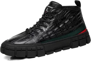 AUNTHUI Men's Leather Pattern Casual High-Top Leather Boots,Fashion Non-Slip Soft Round Toe Lace-Up Flat Chukka Boots