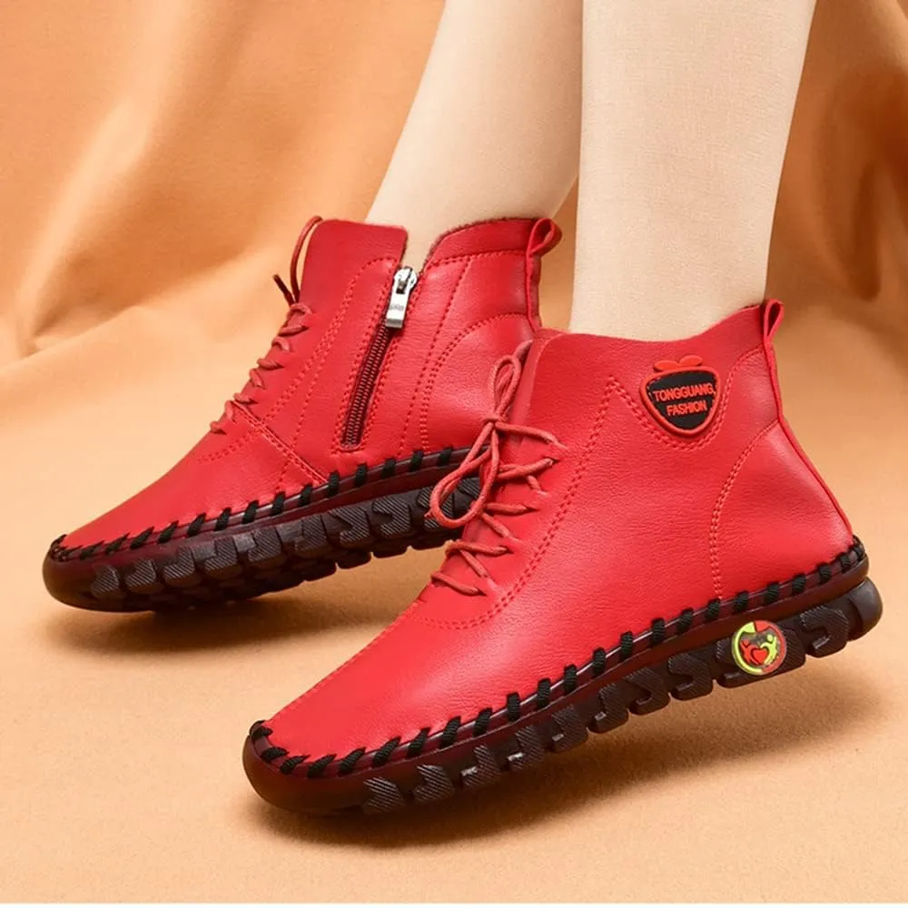 AUNTHUI Women'S Soft Leather Breathable Flat Ankle Boots,Hand-Stitched Lace-Up Fashionable Casual Ankle Boots,Lightweight Comfortable Walking Boots For Summer