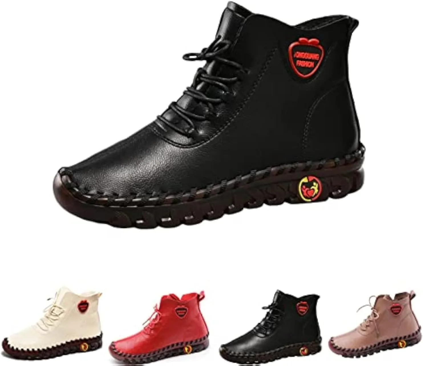 AUNTHUI Women'S Soft Leather Breathable Flat Ankle Boots,Hand-Stitched Lace-Up Fashionable Casual Ankle Boots,Lightweight Comfortable Walking Boots For Summer