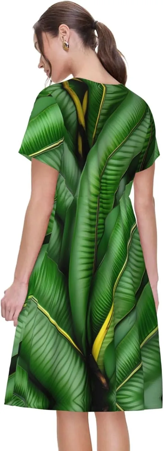 Banana Leaf Green Print Women's Short Sleeve Dress,Sundresses Summer A-Line Dress with Pockets