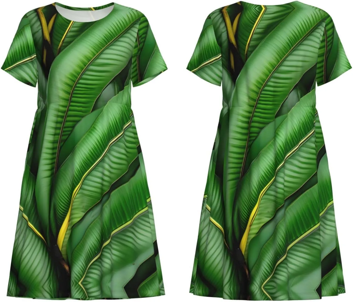 Banana Leaf Green Print Women's Short Sleeve Dress,Sundresses Summer A-Line Dress with Pockets