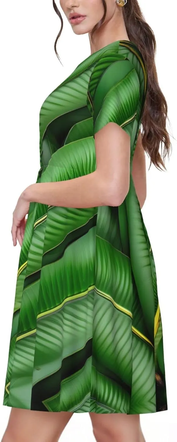 Banana Leaf Green Print Women's Short Sleeve Dress,Sundresses Summer A-Line Dress with Pockets