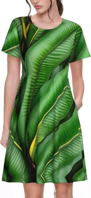 Banana Leaf Green Print Women's Short Sleeve Dress,Sundresses Summer A-Line Dress with Pockets