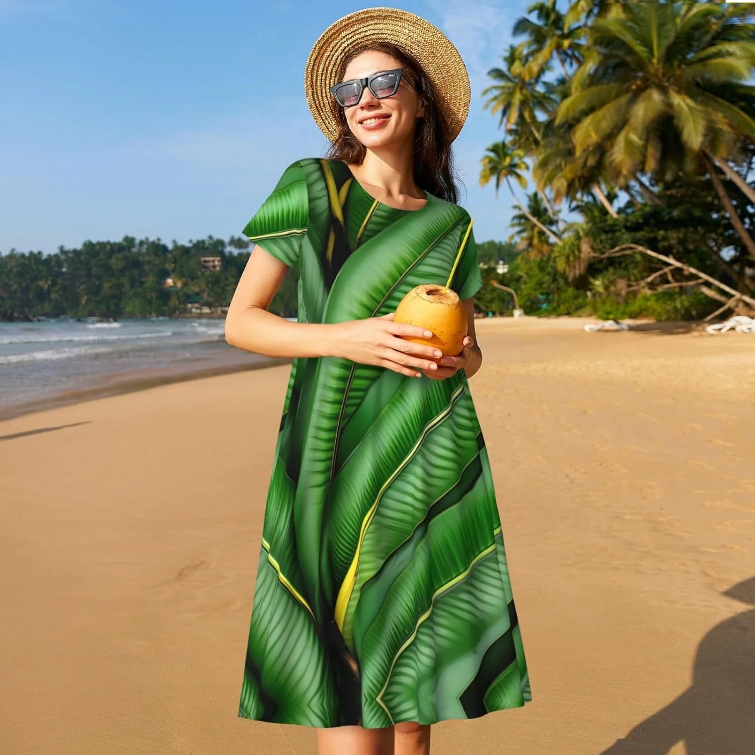 Banana Leaf Green Print Women's Short Sleeve Dress,Sundresses Summer A-Line Dress with Pockets
