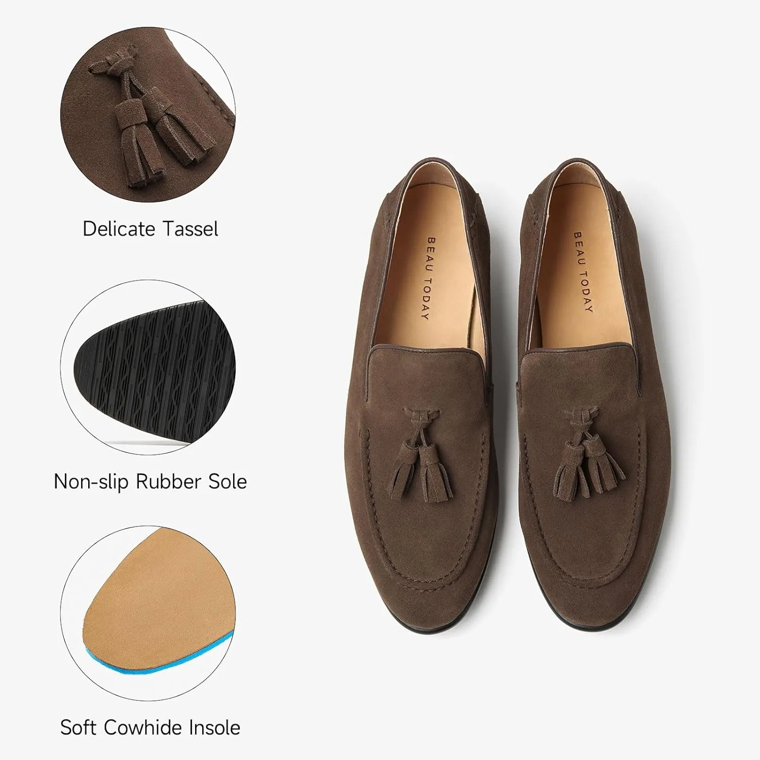 BEAU TODAY Loafers for Men, Genuine Leather Suede Loafers, Lightweight Slip-on Mens Flat Moccasins, Casual Men's Penny Loafers Driving Shoes