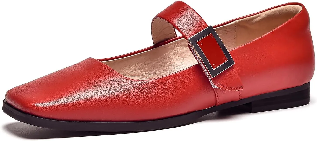 BEAU TODAY Mary Jane Flats for Women, Patent Leather Ballet Flats Shoes, Square Toe Comfortable Business Casual Buckle Non-Slip Ladies Dress Shoes