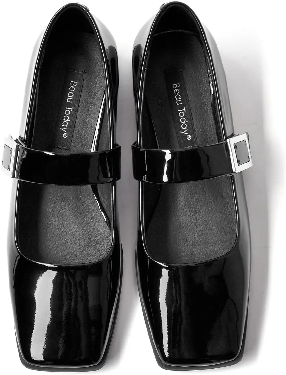 BEAU TODAY Mary Jane Flats for Women, Patent Leather Ballet Flats Shoes, Square Toe Comfortable Business Casual Buckle Non-Slip Ladies Dress Shoes