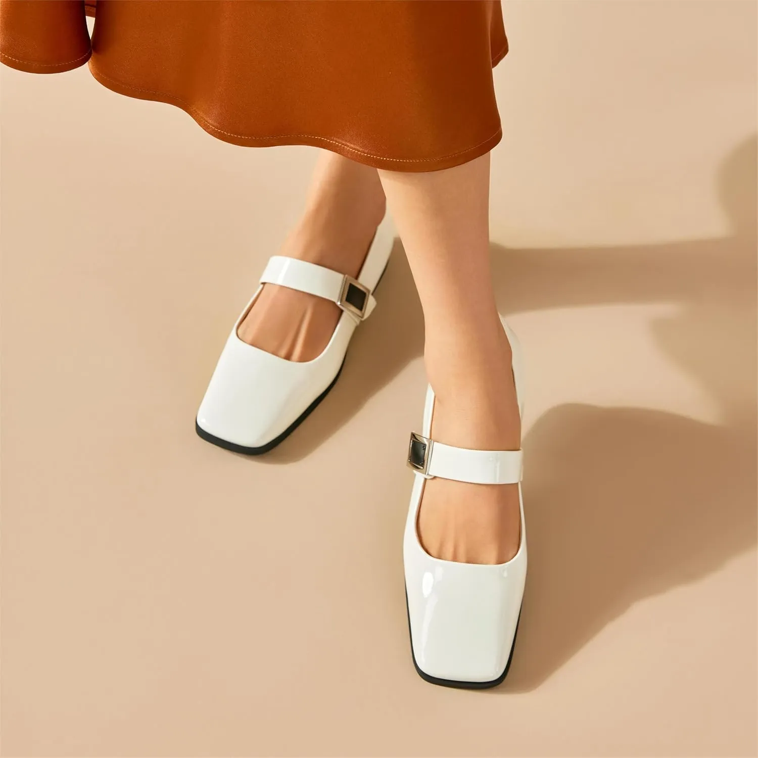 BEAU TODAY Mary Jane Flats for Women, Patent Leather Ballet Flats Shoes, Square Toe Comfortable Business Casual Buckle Non-Slip Ladies Dress Shoes