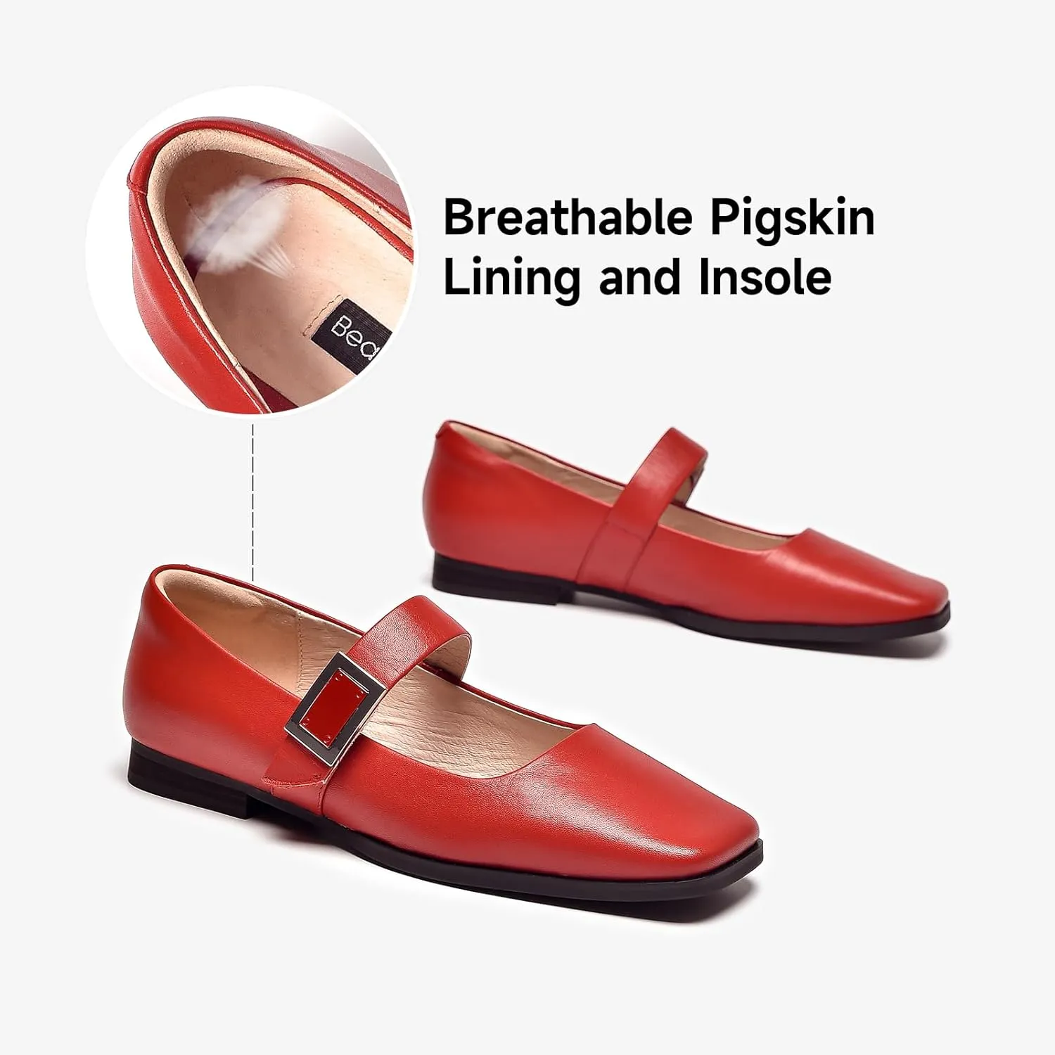 BEAU TODAY Mary Jane Flats for Women, Patent Leather Ballet Flats Shoes, Square Toe Comfortable Business Casual Buckle Non-Slip Ladies Dress Shoes