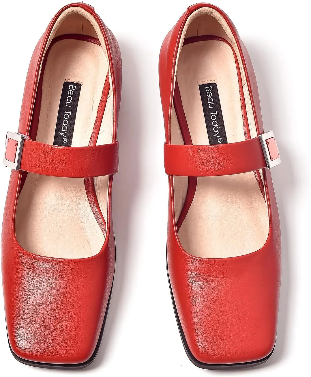 BEAU TODAY Mary Jane Flats for Women, Patent Leather Ballet Flats Shoes, Square Toe Comfortable Business Casual Buckle Non-Slip Ladies Dress Shoes
