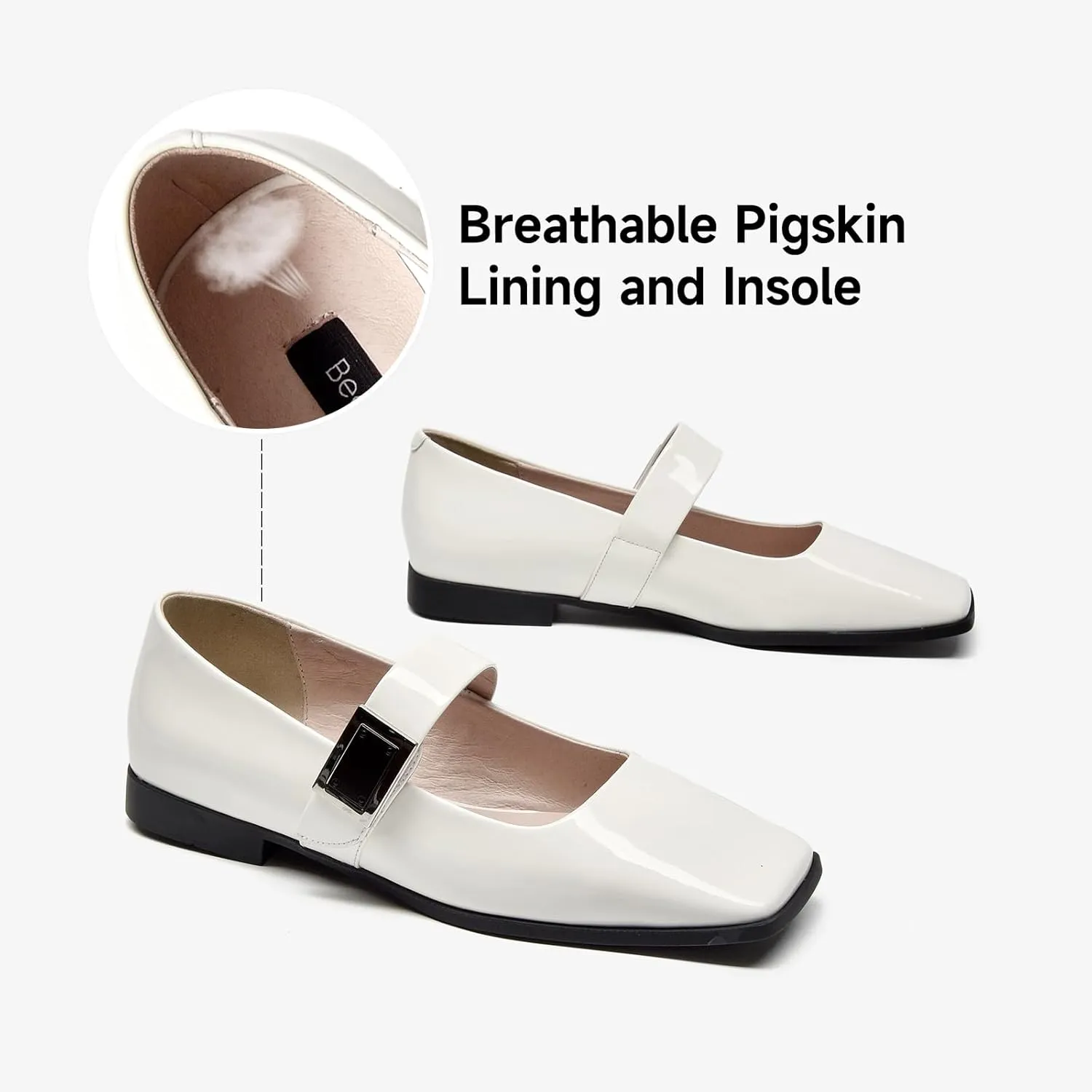 BEAU TODAY Mary Jane Flats for Women, Patent Leather Ballet Flats Shoes, Square Toe Comfortable Business Casual Buckle Non-Slip Ladies Dress Shoes