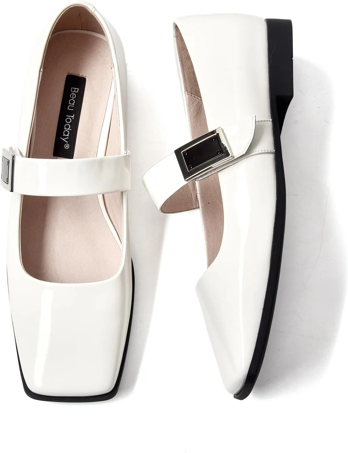 BEAU TODAY Mary Jane Flats for Women, Patent Leather Ballet Flats Shoes, Square Toe Comfortable Business Casual Buckle Non-Slip Ladies Dress Shoes