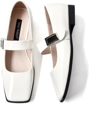 BEAU TODAY Mary Jane Flats for Women, Patent Leather Ballet Flats Shoes, Square Toe Comfortable Business Casual Buckle Non-Slip Ladies Dress Shoes