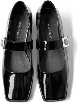 BEAU TODAY Mary Jane Flats for Women, Patent Leather Ballet Flats Shoes, Square Toe Comfortable Business Casual Buckle Non-Slip Ladies Dress Shoes