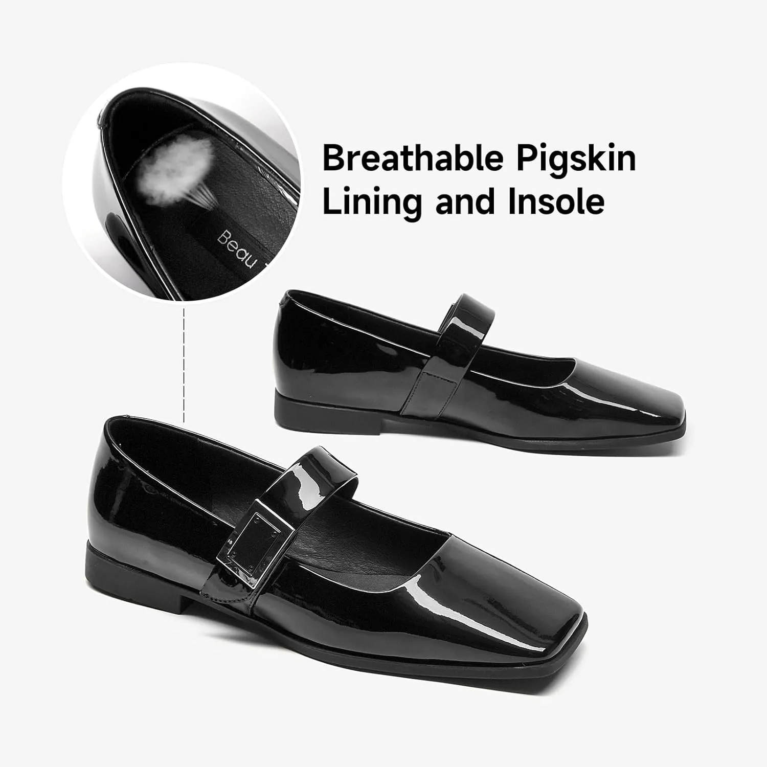 BEAU TODAY Mary Jane Flats for Women, Patent Leather Ballet Flats Shoes, Square Toe Comfortable Business Casual Buckle Non-Slip Ladies Dress Shoes