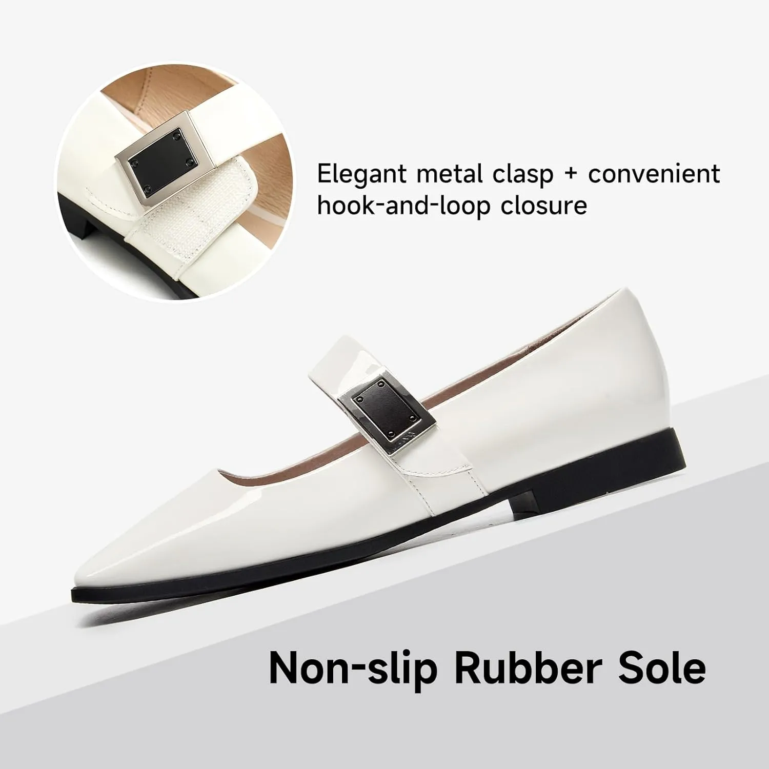 BEAU TODAY Mary Jane Flats for Women, Patent Leather Ballet Flats Shoes, Square Toe Comfortable Business Casual Buckle Non-Slip Ladies Dress Shoes