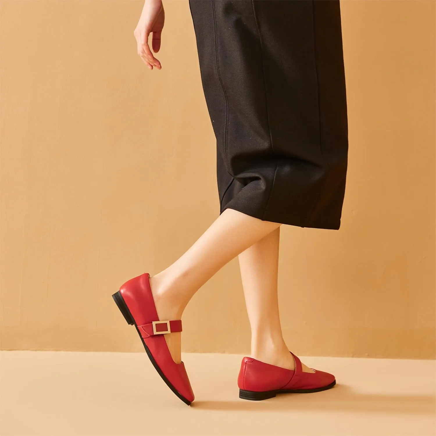 BEAU TODAY Mary Jane Flats for Women, Patent Leather Ballet Flats Shoes, Square Toe Comfortable Business Casual Buckle Non-Slip Ladies Dress Shoes