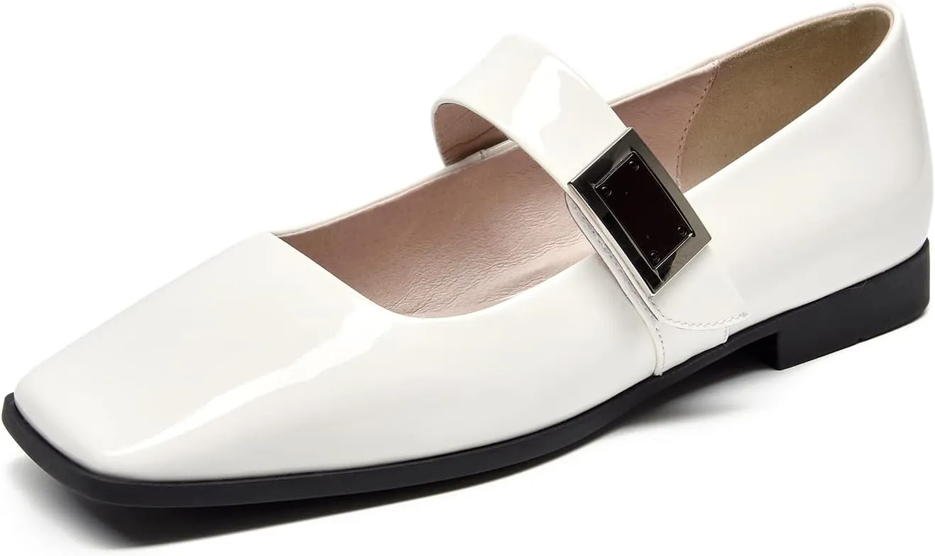 BEAU TODAY Mary Jane Flats for Women, Patent Leather Ballet Flats Shoes, Square Toe Comfortable Business Casual Buckle Non-Slip Ladies Dress Shoes