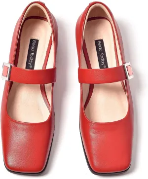 BEAU TODAY Mary Jane Flats for Women, Patent Leather Ballet Flats Shoes, Square Toe Comfortable Business Casual Buckle Non-Slip Ladies Dress Shoes