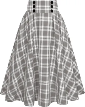 Belle Poque Vintage Plaid Skirt for Women High Waisted Midi A-line Skirts Pleated Skirt with Pockets