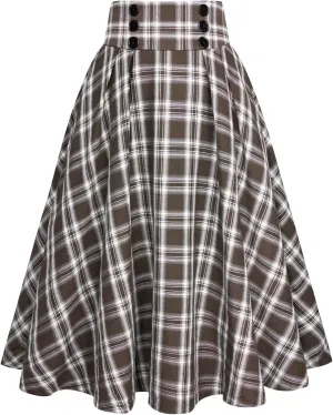 Belle Poque Vintage Plaid Skirt for Women High Waisted Midi A-line Skirts Pleated Skirt with Pockets