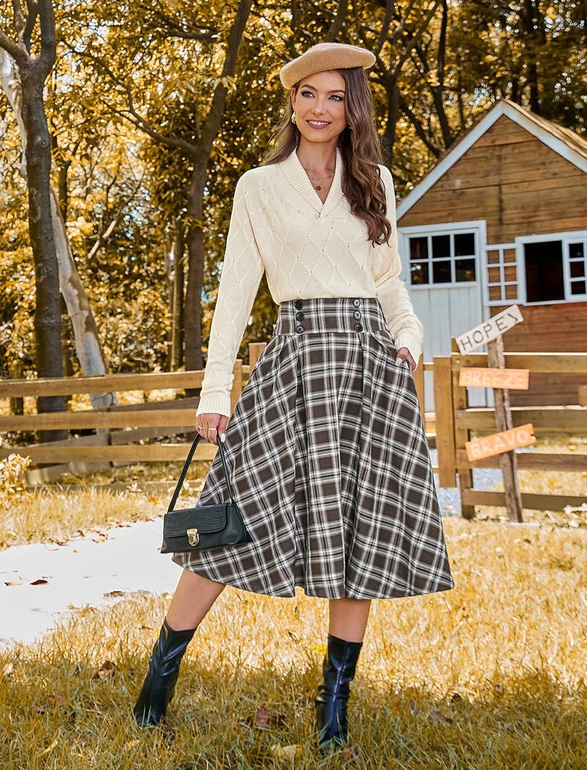 Belle Poque Vintage Plaid Skirt for Women High Waisted Midi A-line Skirts Pleated Skirt with Pockets