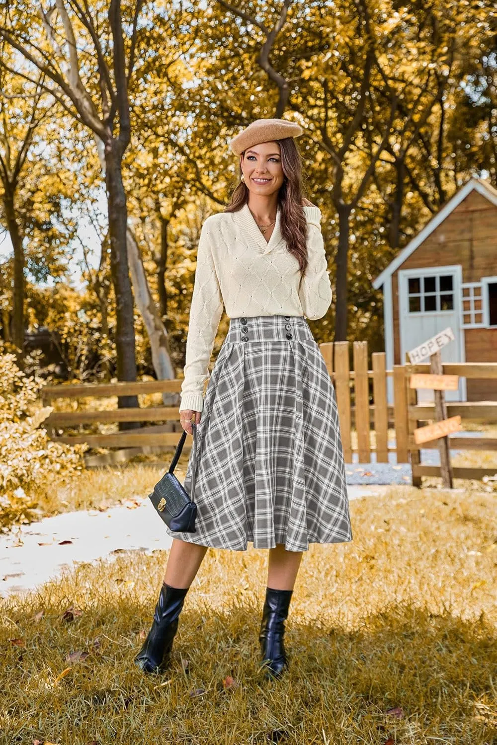 Belle Poque Vintage Plaid Skirt for Women High Waisted Midi A-line Skirts Pleated Skirt with Pockets